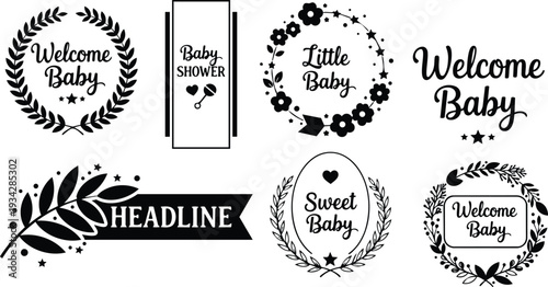 Minimalist black and white vector baby shower labels set with floral wreaths laurel frames rattle icons headline badge designs for welcome baby signage flat simple elegant