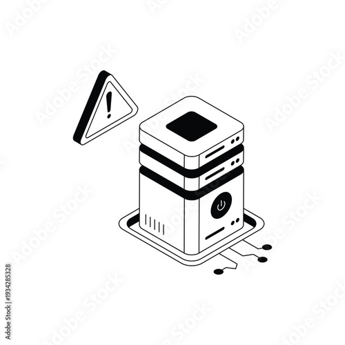 Isometric Server Rack with Warning Triangle Sign.