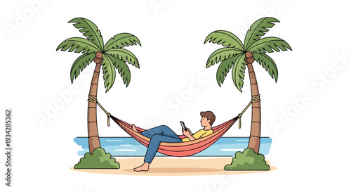A man relaxes in a vibrant hammock between two palm trees on a serene beach with a laptop, embodying a remote work lifestyle in a flat 2D illustration.