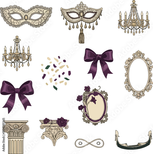 Venetian Carnival Elements Set with Masquerade Masks, Chandeliers, and Italian Gondola in Vintage Style