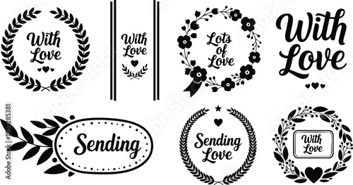 Minimalist vector art set of eight decorative with love labels wreath badges flat layout showing hearts ribbons laurel frames text sending love for valentine craft mockup