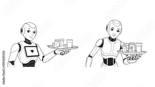 Robotic service staff carrying medical trays vector illustrating automated hospital delivery, point-of-care logistics and commercialization pathways for healthtech services