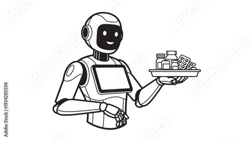 Hospital service robot presenting medication tray vector representing pharmacy automation, point-of-care dispensing and reimbursement model innovation for clinical logistics