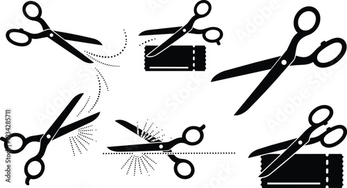Minimalist vector art close up of black scissors cutting perforated coupon ticket on white background with dotted cut line showing multiple angle icon variations flat design