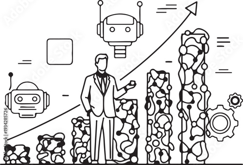 "Artificial intelligence business vector illustration showing executive silhouette with ascending bar graphs, robotic heads, and upward arrow symbolizing growth and innovation"