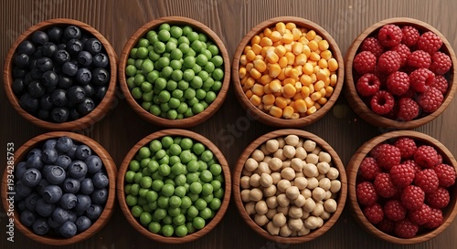 Assorted bowls of fresh blueberries peas corn raspberries and chickpeas on a wooden surface