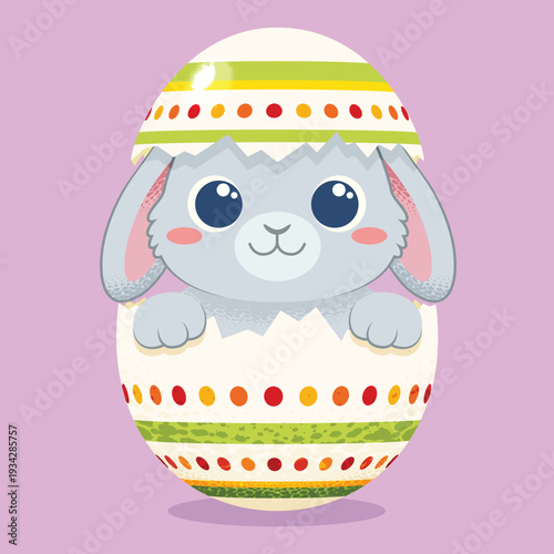 Cute Easter Bunny Hatching from Decorated Egg Shell, Kawaii Gray Rabbit Character Vector Illustration on Purple Background