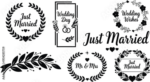 Vintage laurel wedding badge set featuring just married and mr and mrs wreath seals in black flat vector art close up ornamental frames and floral elements