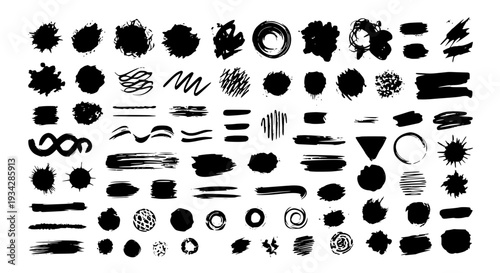 Brush strokes set with black ink splatters and grunge textures featuring abstract shapes, graphic elements, design