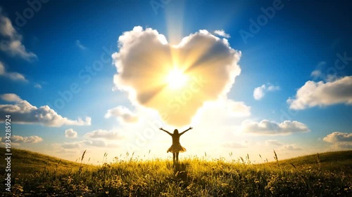 Woman Standing with Arms Raised in Nature During Sunset with Heart-Shaped Cloud in Sky