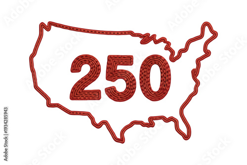 An illustration depicts the shape of the united states surrounding the number 250 high-quality professional detailed modern elegant stylish clean crisp vibrant.