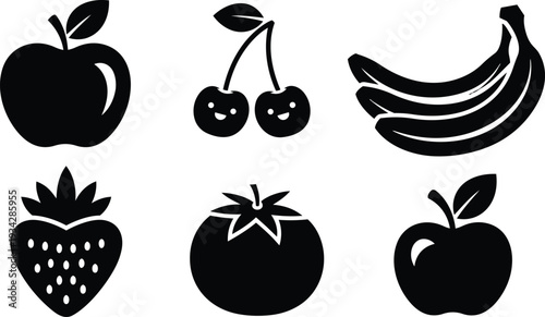 Flat design overhead view fruit icon set with apple cherry banana strawberry tomato simple black silhouettes isolated on white background vector art mockup scalable clean minimalist