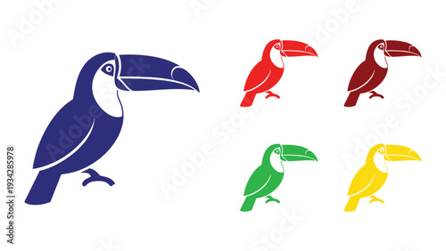 Colorful illustrations of stylized toucans in various vibrant hues