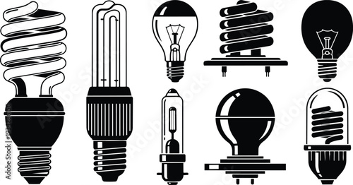 Minimalist black and white vector art close up of assorted light bulbs spiral filament and incandescent shapes arranged in row top view collection