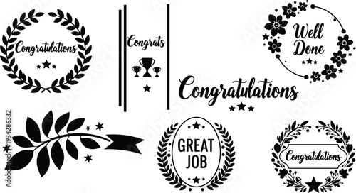 Minimalist black and white vector badge set showing laurel wreaths trophies floral seals and scripted congratulations text in close up landscape composition for celebration labels icons