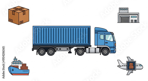 Logistics and Transportation Icons with Truck Ship Plane and Warehouse.