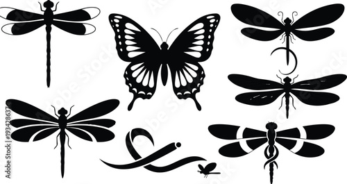 Minimalist flat vector art sheet of dragonfly and butterfly silhouettes arranged in varied wing poses top view and side view isolated on white background black shapes