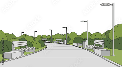 Flat 2D illustration of an empty urban city park pathway with benches and streetlights along a winding road in a green landscape.