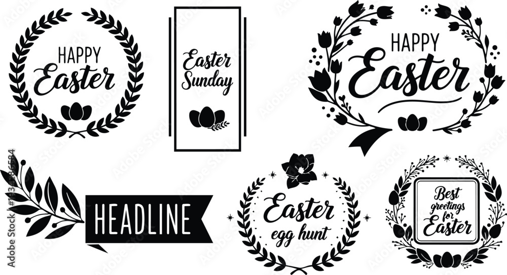 Fototapeta premium Minimalist vector wreath close up with floral branches and three eggs happy easter lettering in circular badge set with laurel frames black flat simple elegant silhouette