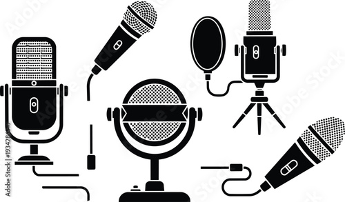 Vintage microphone collection in flat vector art close up multiple mics on stands and handheld microphones with pop filter cable details studio recording setup black silhouette