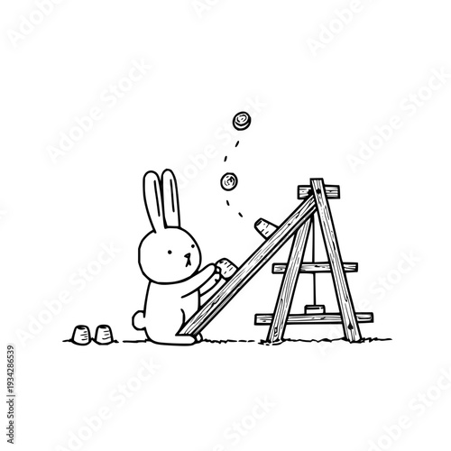 Rabbit playing with balls on a wooden ramp simple black and white illustration