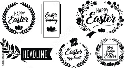 Minimalist vector wreath close up with floral branches and three eggs happy easter lettering in circular badge set with laurel frames black flat simple elegant silhouette