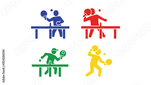 Four dynamic illustrations of table tennis and badminton players in action