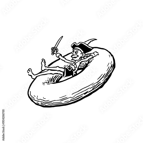 Pirate character floating on inflatable ring holding sword black and white illustration relaxed adventurous summer vibe leisure activity cartoon style