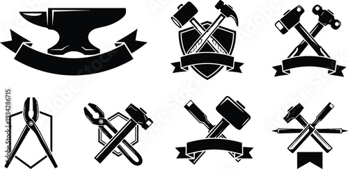 Minimalist vector badge set close up of crossed hammers anvil pliers and mallet on shield banners flat design black tool icons clean bold composition high contrast