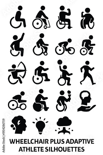 A collection of black silhouettes depicting various adaptive sports and accessibility symbols high quality professional