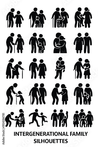 Black silhouettes depict various family units and intergenerational relationships showing diverse compositions high quality professional