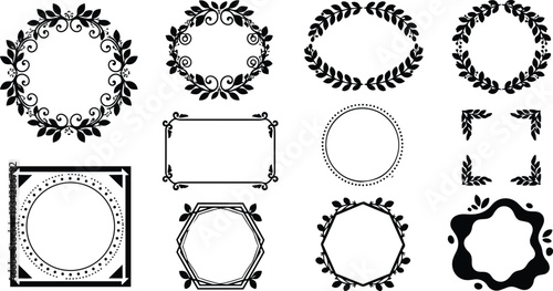 Minimalist black wreath and ornamental frames set close up top view twelve circular and polygonal decorative vector borders arranged on white background flat design elegant modern