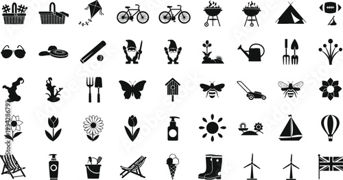 Black icons of summer activities and objects on white background