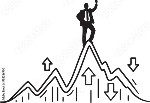 "Leadership vector illustration showing executive silhouette on peak of graph symbolizing achievement, resilience, and business success"