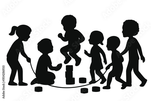 A black silhouette depicts children playfully jumping rope and enjoying outdoor activities together high quality