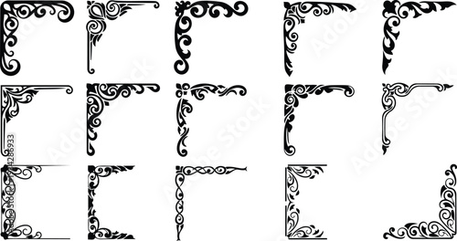Ornate vintage corner ornaments set close up decorative swirl filigree elements in various angles black silhouettes for frame and border design isolated collection line art elegant