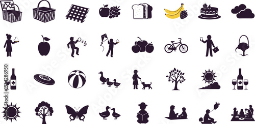 Collection of black silhouette icons for summer and outdoor activities