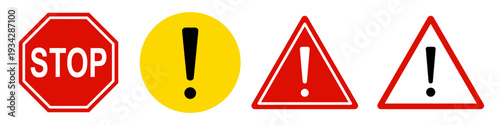 vector illustration: various danger warning signs or stop symbols with exclamation mark isolated on white or transparent png
