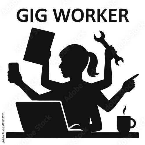 A silhouette depicts a multitasking gig worker with tools laptop and coffee cup high quality