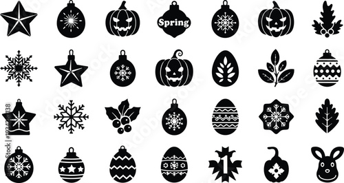 Minimalist vector icon set top view grid of seasonal symbols pumpkins snowflakes stars baubles eggs holly leaves bunny simple black silhouettes mockup svg png easter halloween