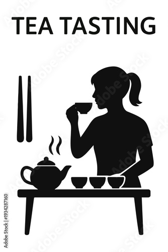A silhouette depicts a woman thoughtfully tasting tea with a pot and cups nearby