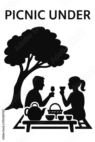 A silhouette depicts a couple enjoying a leisurely picnic beneath a lush tree high quality