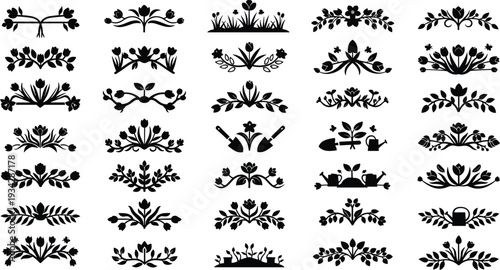 Collection of elegant floral silhouettes and garden tools