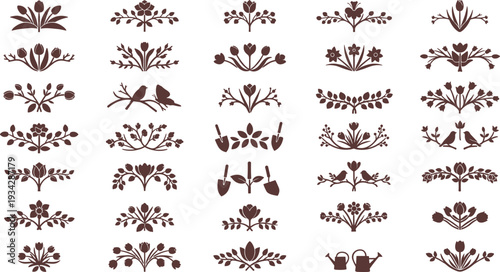 Collection of elegant brown floral and gardening icons