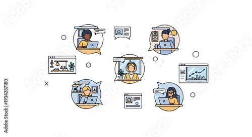 Flat 2D illustration of people working remotely on laptops in a simple, modern style with a clean white background, conveying a lifestyle of remote work.