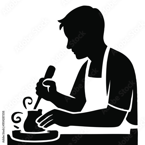 A silhouetted craftsman meticulously shapes clay on a pottery wheel creating a vessel high quality