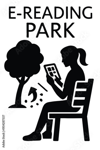 A silhouette depicts a person reading on a bench in a park promoting e reading
