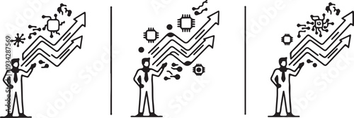 "Pandemic recovery vector illustration showing executives with upward arrows and virus icons symbolizing resilience, growth, and business progress"