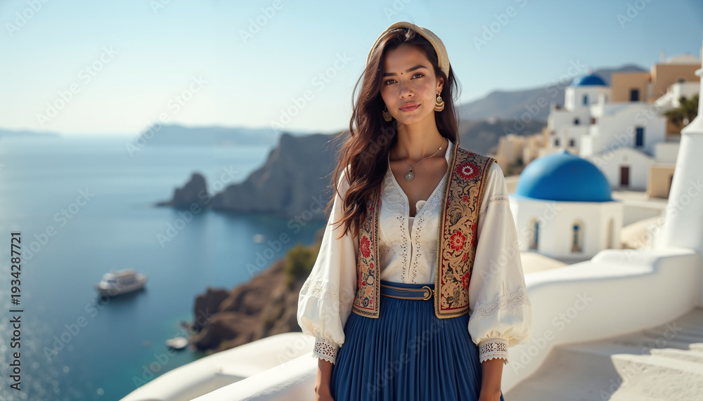 Obraz premium Young woman in traditional clothing standing by ocean in Santorini