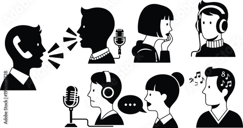 Flat icon set of eight speaking portraits showing podcast hosts wearing headphones and using microphones side profile speech bubble singing silhouettes vector bold minimalist black mockup